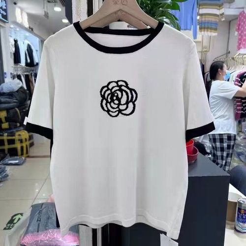  summer new design t-shirt women's Camellia embroidery ice silk short sleeve loose and versatile, thin round neck, color contrast trend