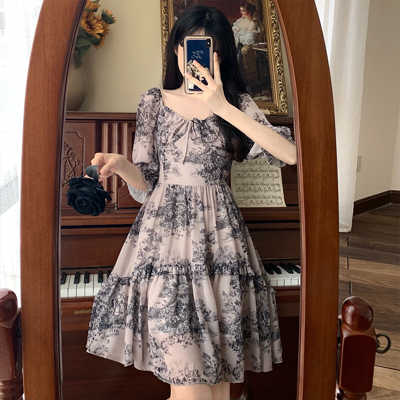 Real price bubble sleeve dress design sense of minority collar and waist, slim skirt, women's summer