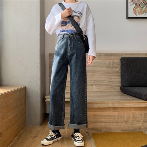 Small autumn women's 150 Vintage denim wide leg pants 145 high waist versatile loose straight Pants XS