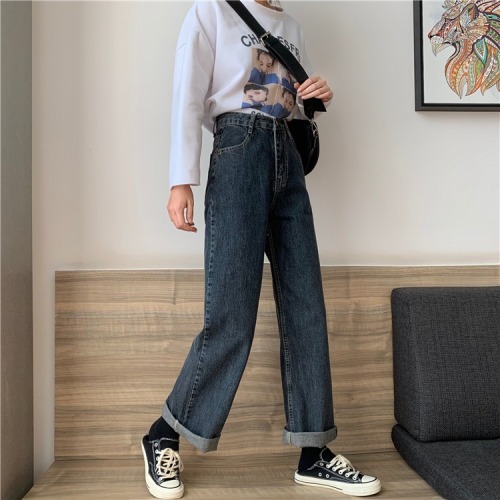 Small autumn women's 150 Vintage denim wide leg pants 145 high waist versatile loose straight Pants XS