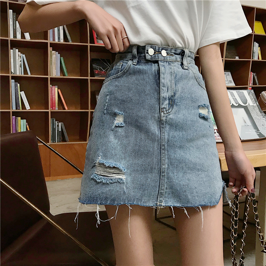 Real shot net red chic versatile loose hole washed denim skirt skirt short skirt A-line skirt