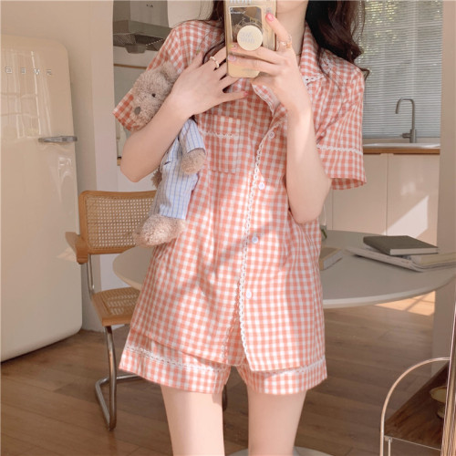 Real price Korean cotton cute jacquard Plaid lace short sleeved Shorts Set for home wear