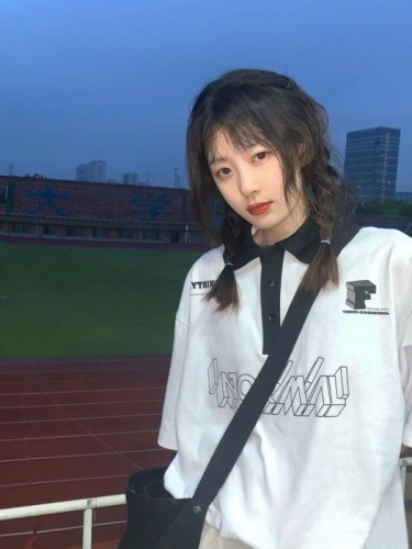 Polo shirt student print versatile loose medium length Japanese stand collar short sleeve T-shirt women's fashion
