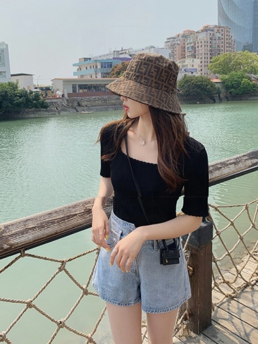  new chic one shoulder ice silk short sleeve sweater hollow square neck slim fit T-Shirt Top Women's summer thin style