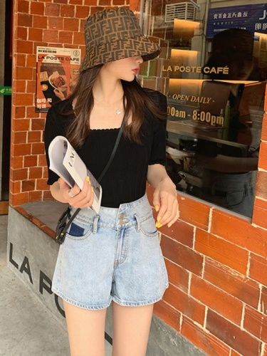 new chic one shoulder ice silk short sleeve sweater hollow square neck slim fit T-Shirt Top Women's summer thin style