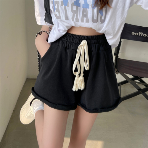 Real shooting fish scale summer clothes woven belt drawstring shorts women's wide leg pockets are popular