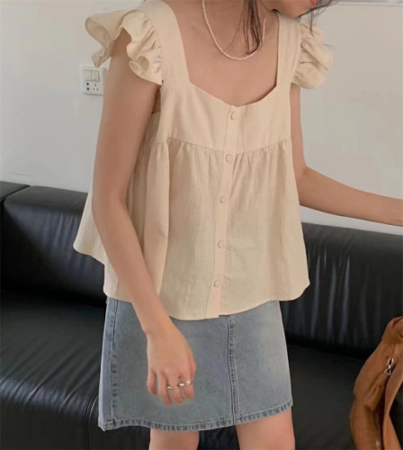 Real shooting of summer  new women's wear solid color versatile square collar button Ruffle Sleeveless Shirt Top