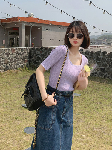  new chic one shoulder ice silk short sleeve sweater hollow square neck slim fit T-Shirt Top Women's summer thin style