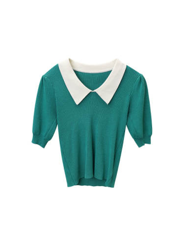 Sweet Polo neck sweater thin Lantern Sleeve short style thin short sleeve V-neck shirt