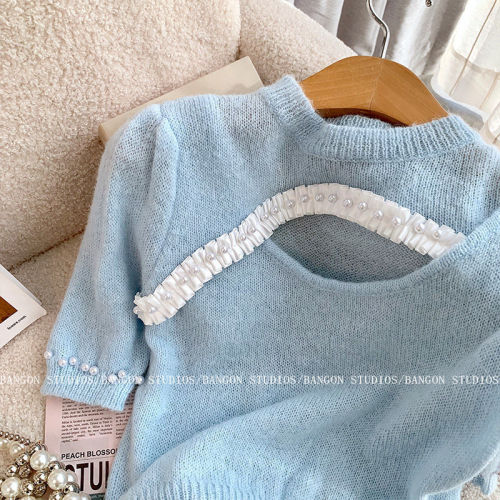 Milk blue nail bead short sleeve sweater women's summer 2022 new design sense of minority temperament slim blouse