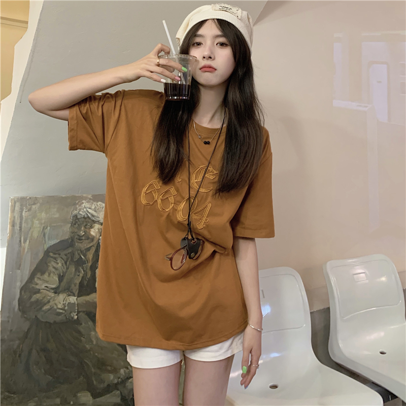 Real shooting cotton summer clothes embroidered letters loose short sleeve T-shirt women's minority top