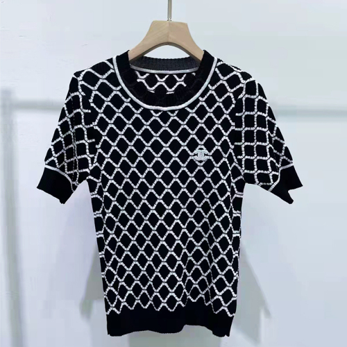  Xia Xiaoxiang Plaid round neck knitted short sleeve T-shirt women's top