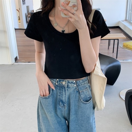 Real shooting cotton summer clothes high waist short round neck short sleeve T-shirt women's fashion small slim solid color top