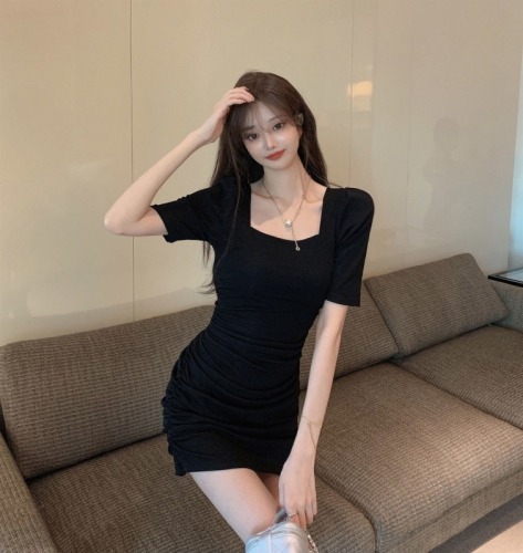 Bubble sleeve tight dress  new style pure style square neck pleated waist thin wrap hip short skirt hot girl