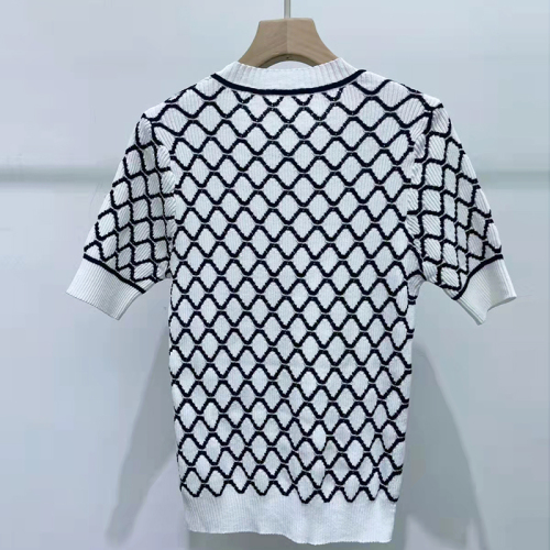  Xia Xiaoxiang Plaid round neck knitted short sleeve T-shirt women's top