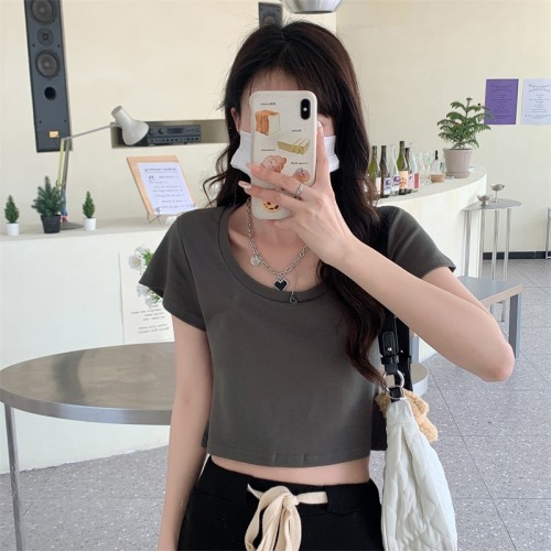 Real shooting cotton summer clothes high waist short round neck short sleeve T-shirt women's fashion small slim solid color top
