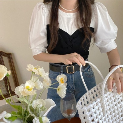 Bubble sleeve chic short top women's new summer design sense of minority slim fit short sleeve T-shirt French pure style