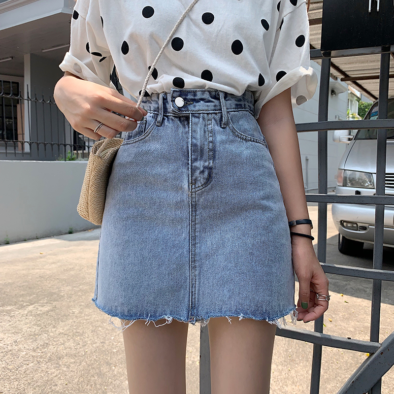 Real shot Han Fan wash high waist tear edge denim skirt loose and versatile leg length A-line skirt