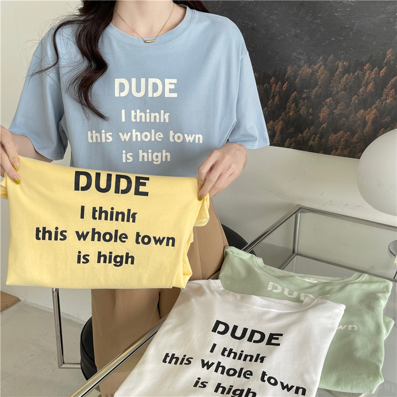 Real shot Korean loose and versatile casual split letter printed short sleeved T-shirt women's top