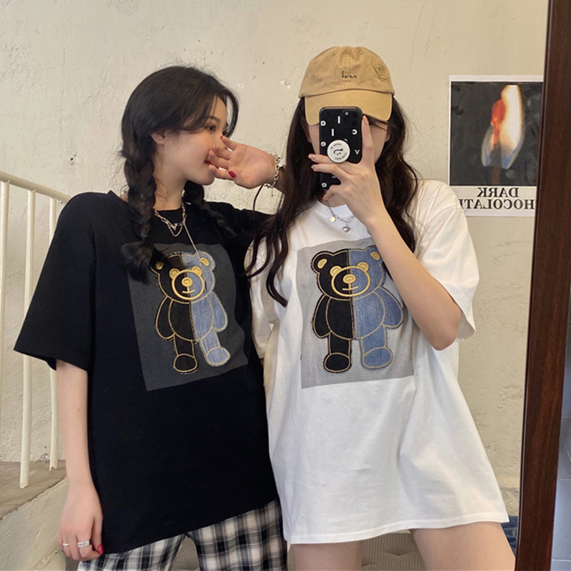 Summer Korean new design sense contrast color bear loose medium and long BF style aging short sleeve T-shirt women
