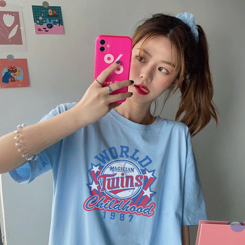 100% cotton short sleeve printed T-shirt women's Korean version loose lazy style couple's half sleeve top