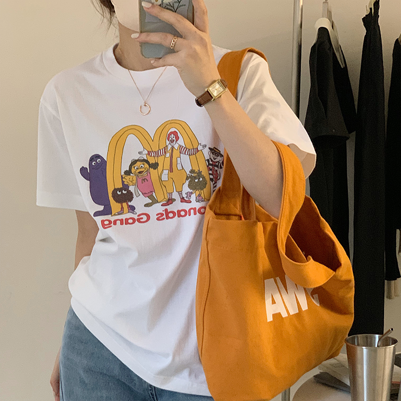 Printed short sleeved t-shirt female summer fashion small man retro design sense of minority Korean loose contrast color top pure cotton