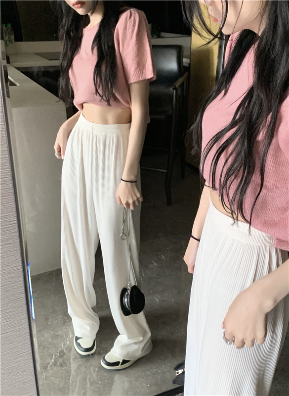 Real price white wide legged pants for women in summer lazy texture hanging feeling high waist thin loose casual pants