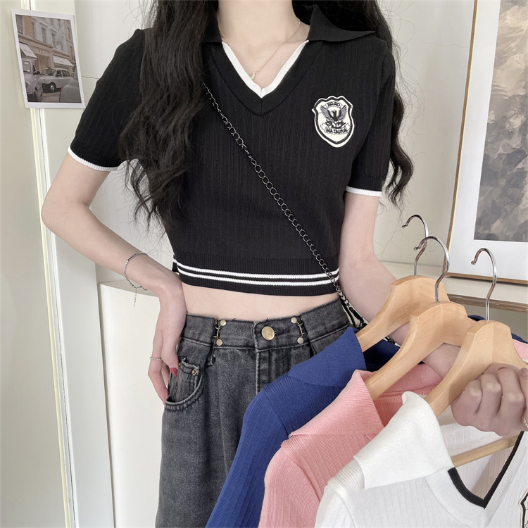 Real price real shooting college style V-neck ice silk short sleeve T-shirt women's summer sexy short top chic polo shirt