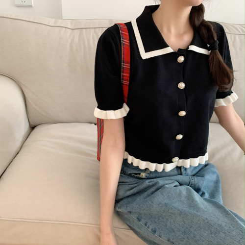 Design sense niche short sleeve T-shirt women's summer  new summer clothes knitted doll collar short top
