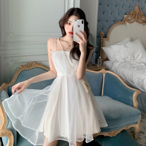 Double layer zipper first love white moonlight double layer mesh dress new pure white dress short skirt