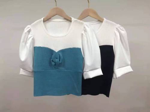 Vintage ice silk knitwear spring and summer new French bubble short sleeve splicing design sense of minority chic short top