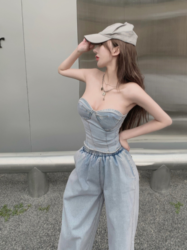 Real shooting and real price summer line splicing receiving waist bra with high waist and wide leg pants sweet cool fried Street cowboy suit