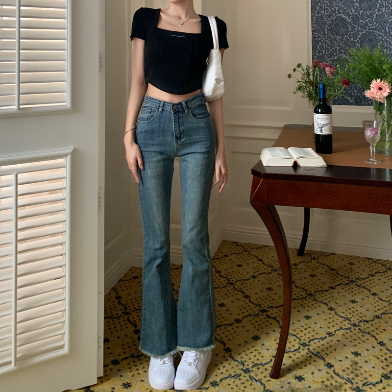 Real price # high waisted jeans women's New Vintage Blue slim elastic straight horn pants