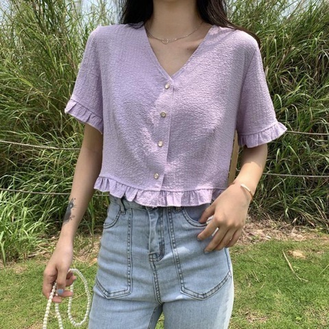 New slightly fat girls 2022v collar doll shirt short purple top women's Chiffon fat mm THIN T-shirt summer fashion