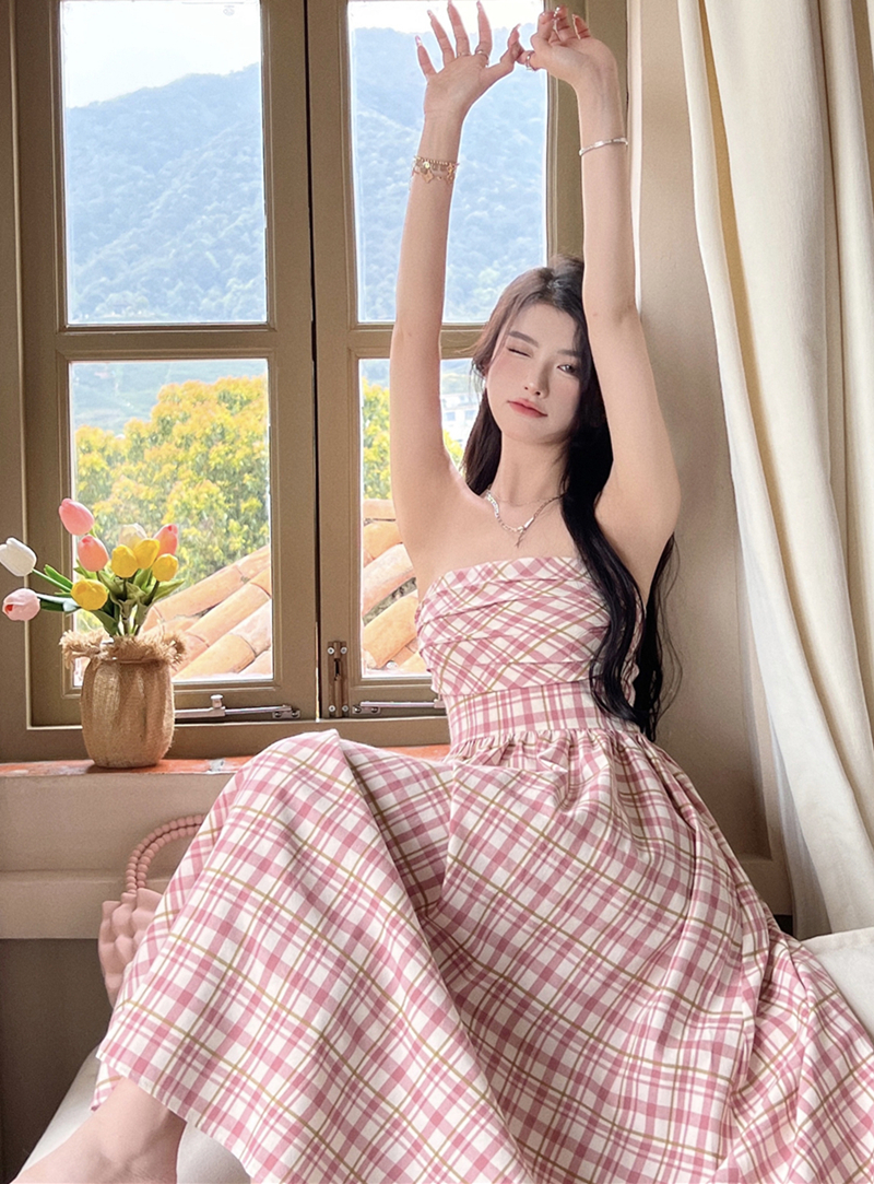 Real shooting summer sexy sweet pink lattice bra, waist closed, thin princess dress, long skirt, female