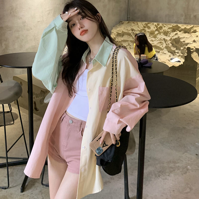 Shirt women's design color matching spring 2022 new loose medium length long sleeved sunscreen cardigan