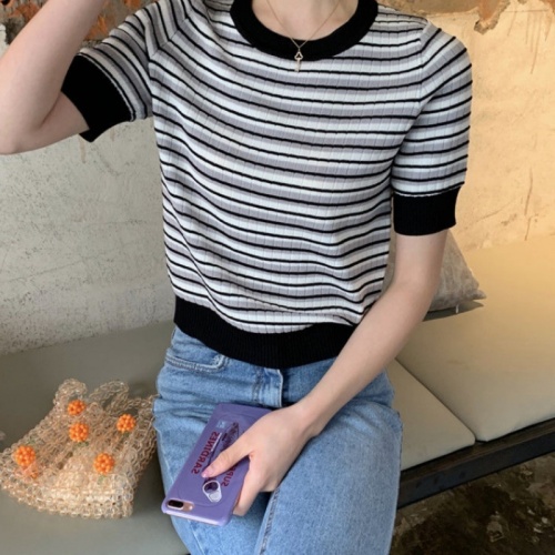 Crew neck thin color stripe ice silk sweater 2022 summer short sleeve foreign style loose bottomed T-shirt women's top