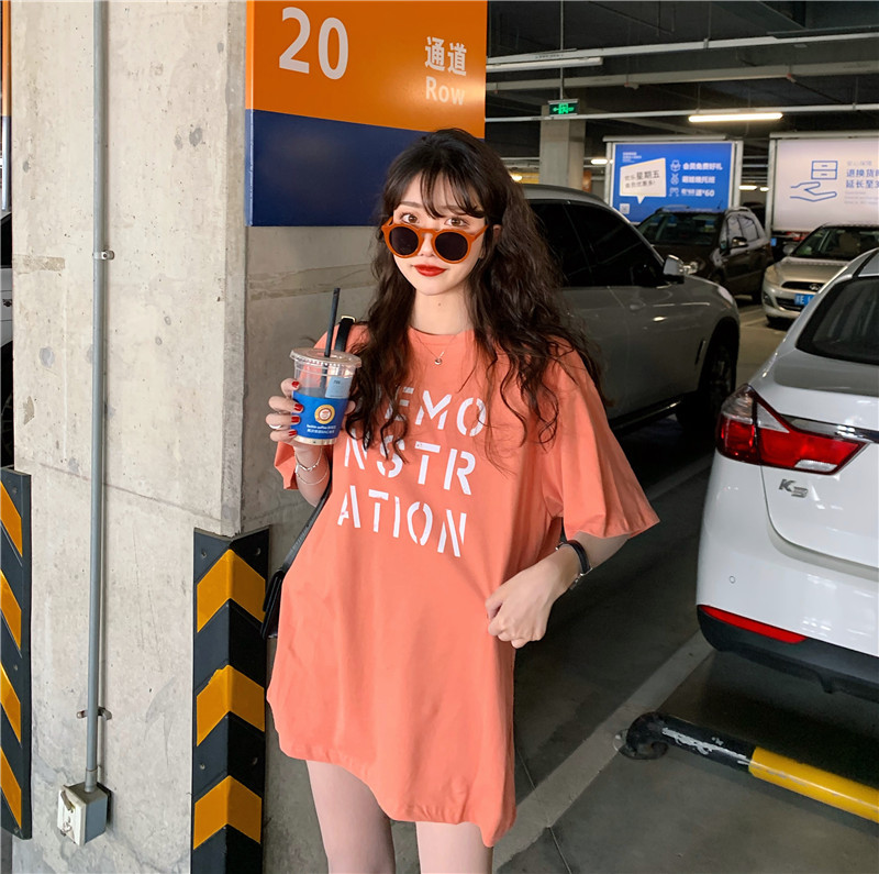 Korean fashion loose medium length top girlfriends letter print short sleeve women's fashion