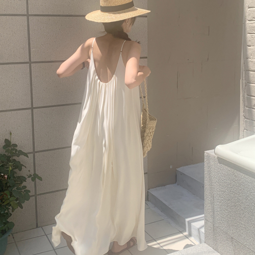 Real shooting and real price holiday style niche crimping design large backless sleeveless suspender long dress 3 colors