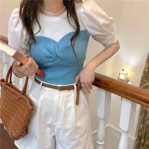 Vintage ice silk knitwear spring and summer new French bubble short sleeve splicing design sense of minority chic short top