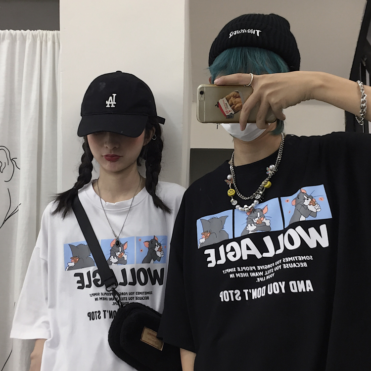 New student class clothes couple clothes summer Harajuku loose port style tom cat short sleeved fashion