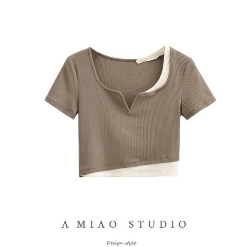 Ice thread 250g design fake two piece color matching Short Sleeve T-Shirt New Short navel exposed top women