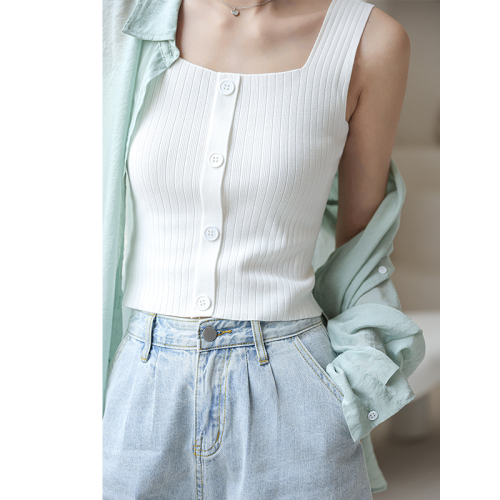 Square neck knitted small suspender vest women's  summer new style outer wear and inner wear short white ice silk bottomed shirt