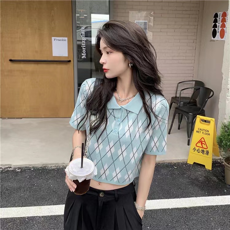 Ice silk knitwear women's summer new American retro rhombic Plaid polo shirt high waist versatile exposed navel short fashion