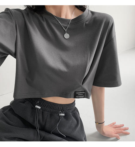 Official figure pull frame European and American minority fold label short sleeve women's navel exposed short T-shirt casual top