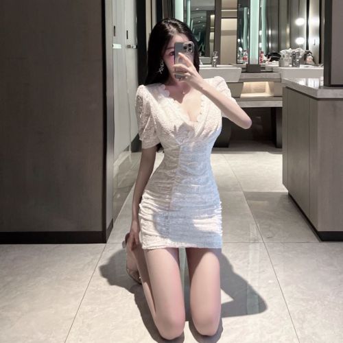 Real shooting sexy V-neck low cut lace short sleeved Hip Wrap Dress