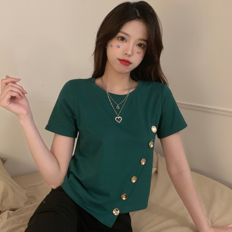 Real shooting of summer new style foreign style button short sleeve women's new style solid color design sense niche bottoming shirt