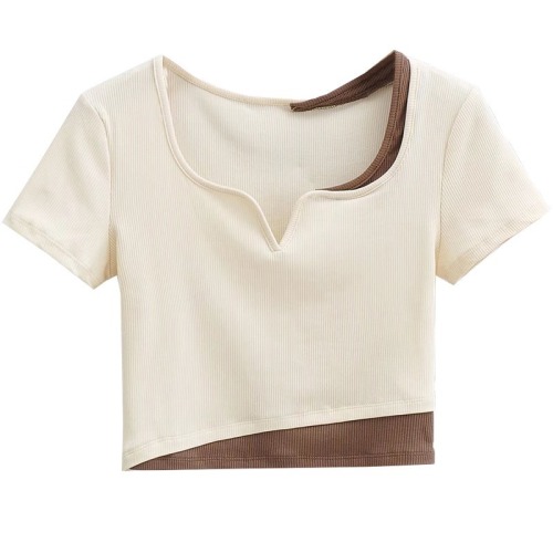 Ice thread 250g design fake two piece color matching Short Sleeve T-Shirt New Short navel exposed top women