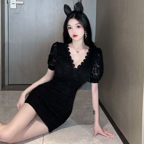 Real shooting sexy V-neck low cut lace short sleeved Hip Wrap Dress