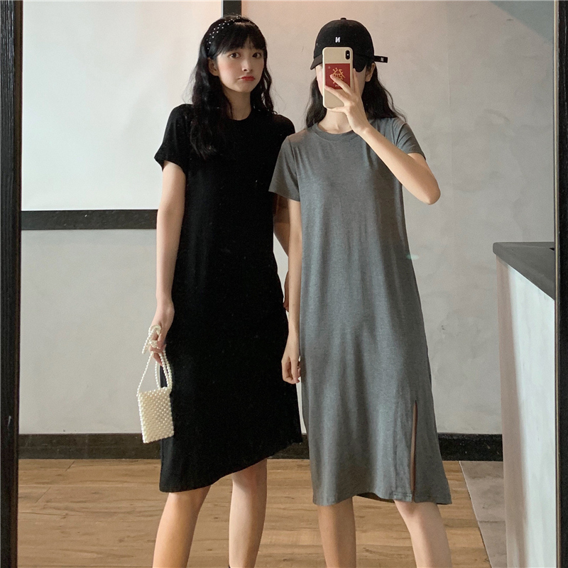 Real price cotton dress, split, medium and long, knee length T-shirt skirt, short sleeved skirt